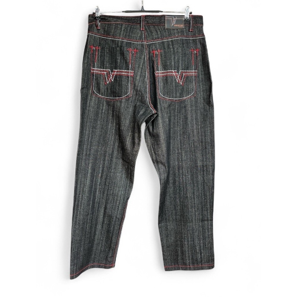 VTG Y2K Evolution In Design Baggy Embroidered Black Denim Jeans Sz 38x34 EUC